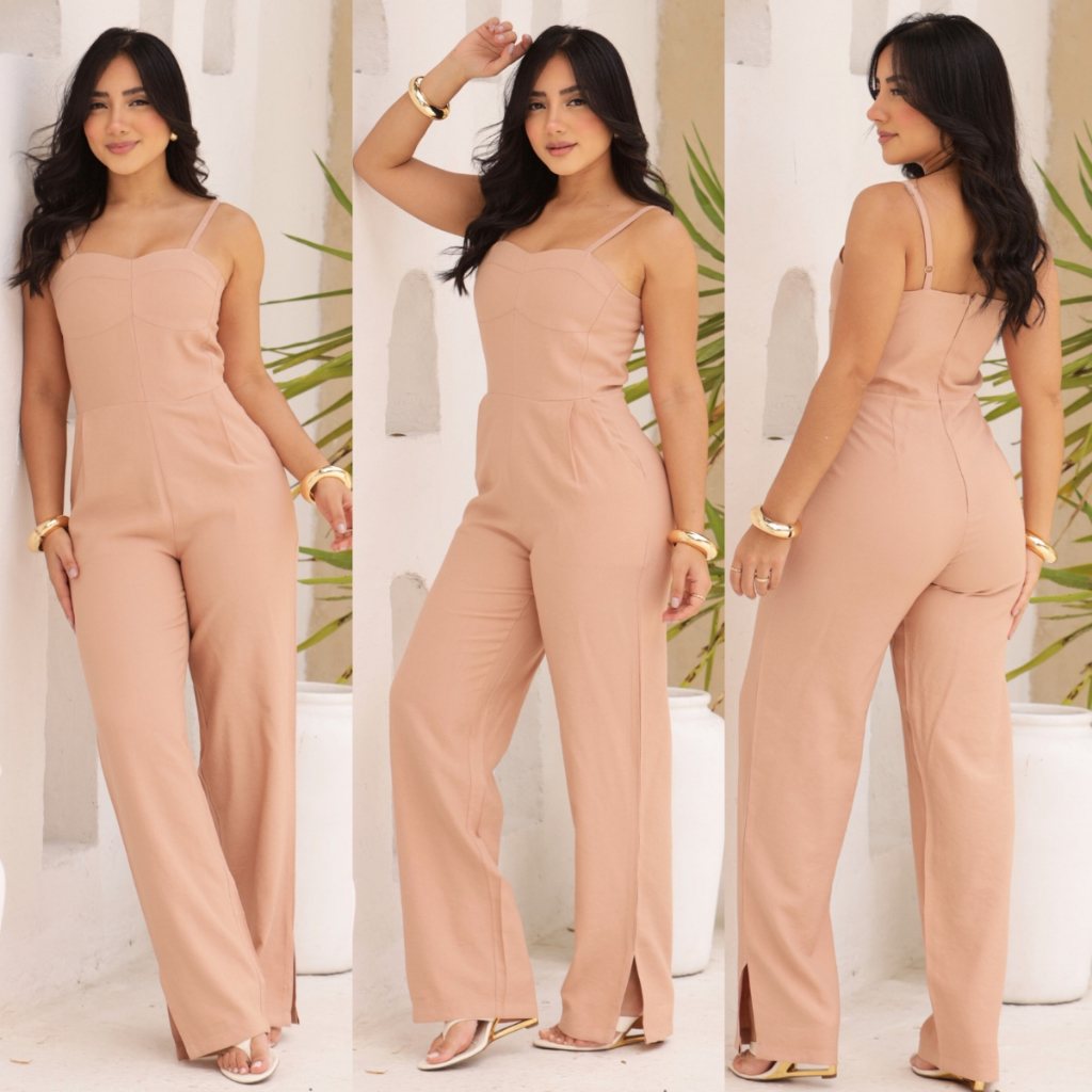 Macacão Feminino com Alças em Alfaiataria Pantalona com Zíper e Fendas