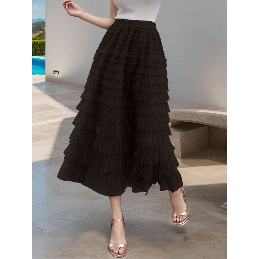 moda feminina saia tule temperamento saia de bolo em camadas cintura alta com elastico  elegante em Oferta na Shopee
