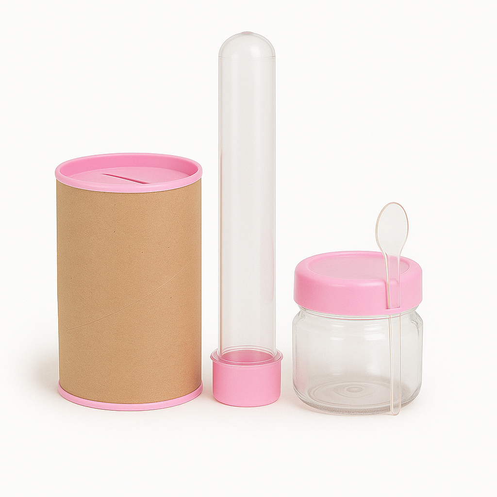 Kit c/ 30 Cofrinhos 30 Tubetes 13 cm e 30 pote papinha c/ colher - Lembrancinhas aniversario nutella
