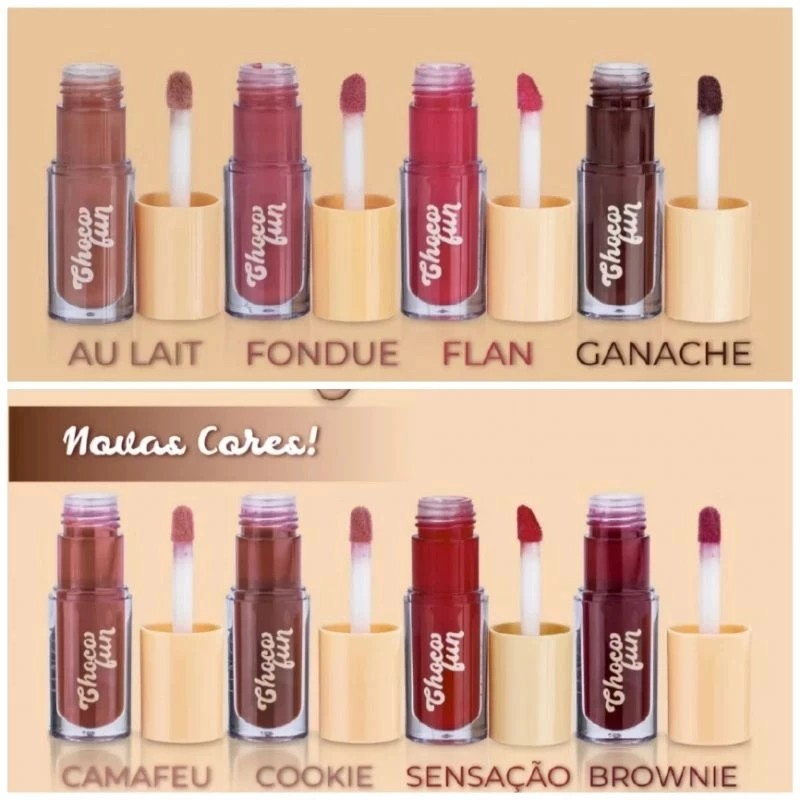 LANÇAMENTO CHOCO FUN SHINE TINT CREAM LIP GLOSS  AU LAIT GANACHE FONDUE CAMAFEU COOKIE  FENZZA em Oferta na Shopee