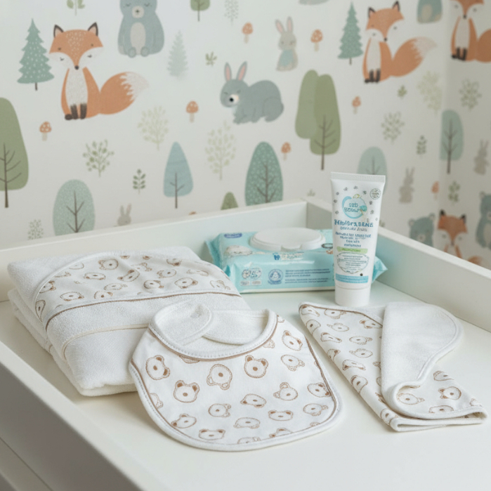 Kit Achadinho Enxoval Bebê Toalha de Banho Forrada com Touca + Babador Impermeável + Toalha de Boca