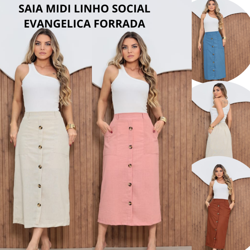 SAIA MIDI SOCIAL EVANGELICA DE LINHO FORRADA COM BOLSO NA FRENTE ELASTICO NAS COSTAS em Oferta na Shopee