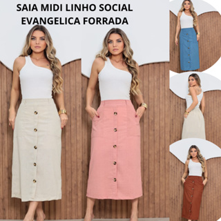 SAIA MIDI SOCIAL EVANGELICA DE LINHO FORRADA COM BOLSO NA FRENTE ELASTICO NAS COSTAS em Oferta na Shopee
