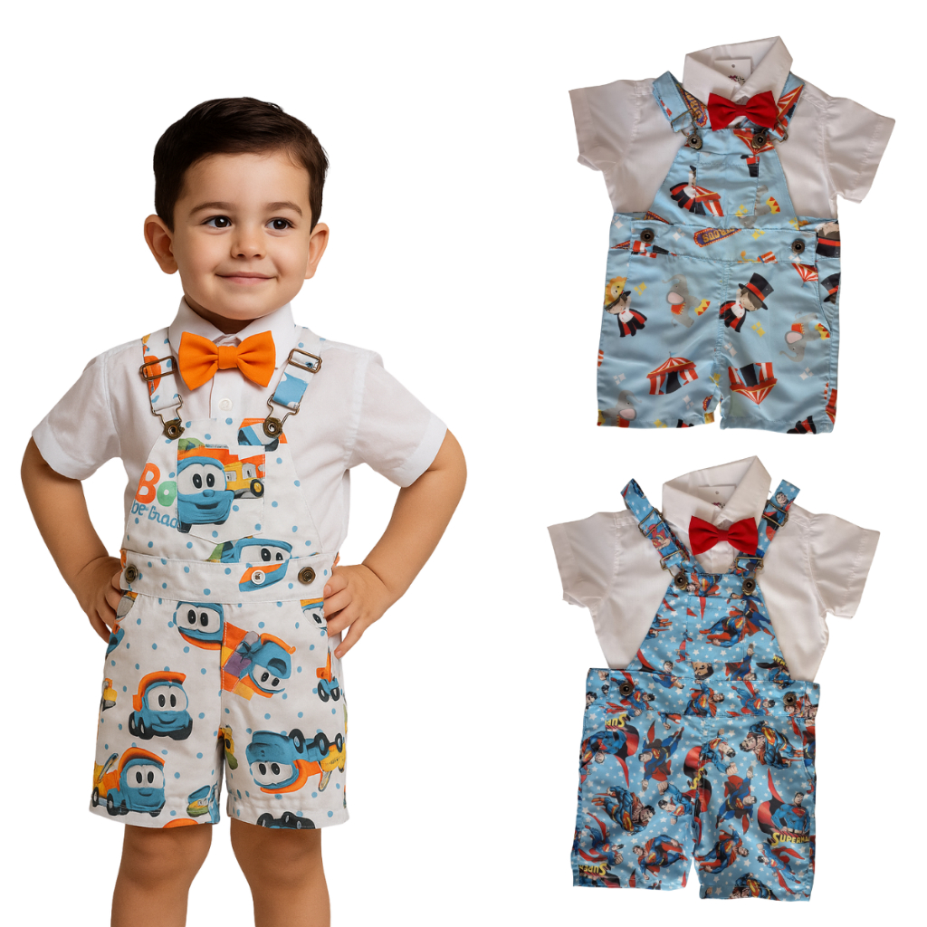 Conjunto Infantil Temático com Jardineira, camisa social e gravatinha