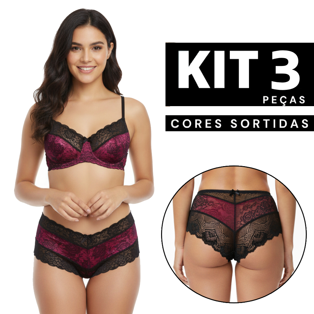 Kit 3 ou 2 Calcinha Em Renda Shortinho Feminino Rendado Com Pala Confortável Sexy Bicolor Barata