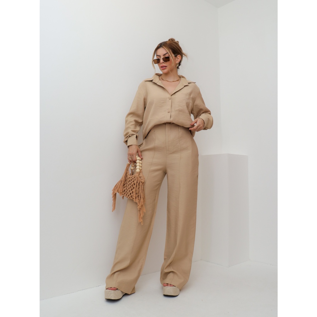 Conjunto Feminino Marrant Camisa com Calça Pantalona Linha na Frente/MI-001 em Oferta na Shopee