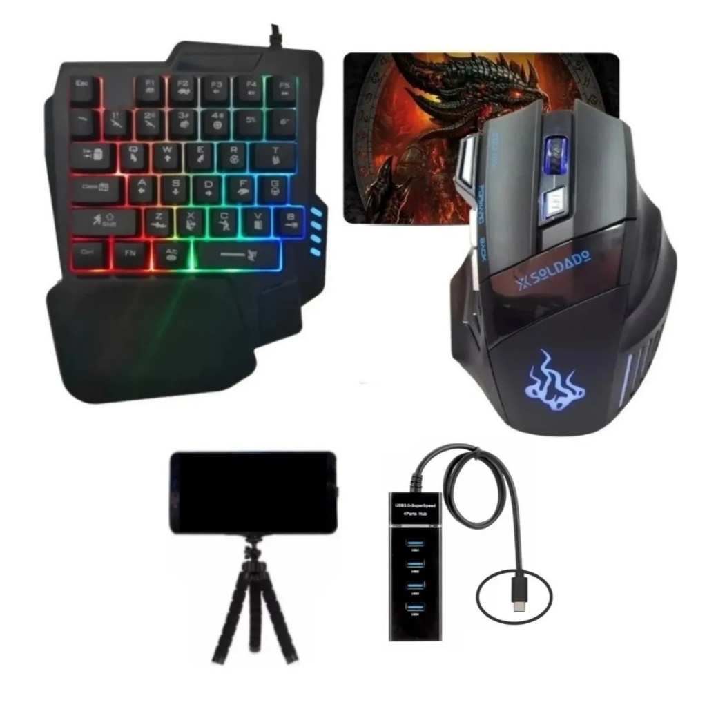 Kit Gamer Teclado One Hand E Mouse + Kit Cel 3.0 + Mouse Pad Preto