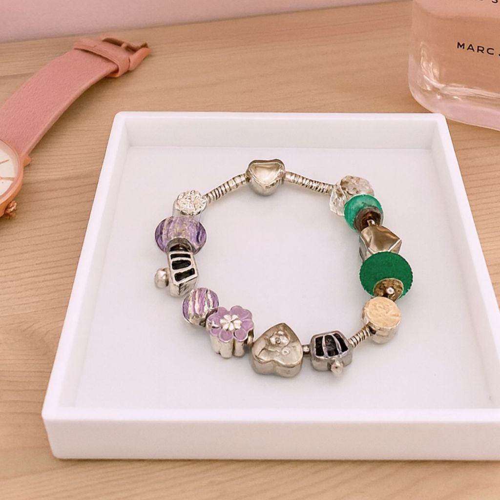 Pulseira com 6 Berloques Prateada Diy Charms Coração Flor Bijuteria Delicada