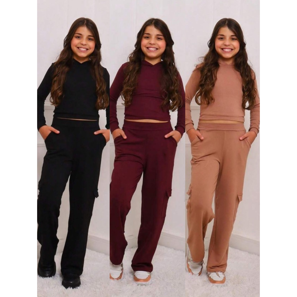 Conjunto Juvenil Feminino em Moletinho – Cropped Manga Longa Capuz + Calça Pantalona Confortável e Estilosa