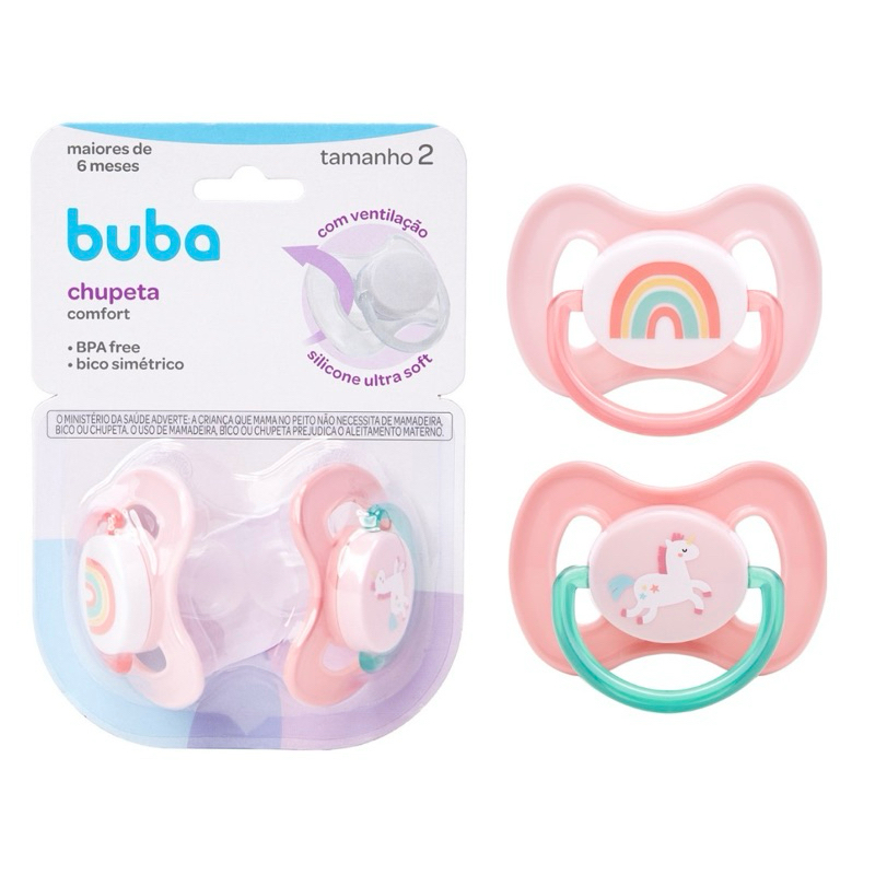 Kit Chupetas Tamanho 2 (+6 Meses) Unicórnio e Arco-íris Comfort Ultra Soft Rosa Delicado - Buba