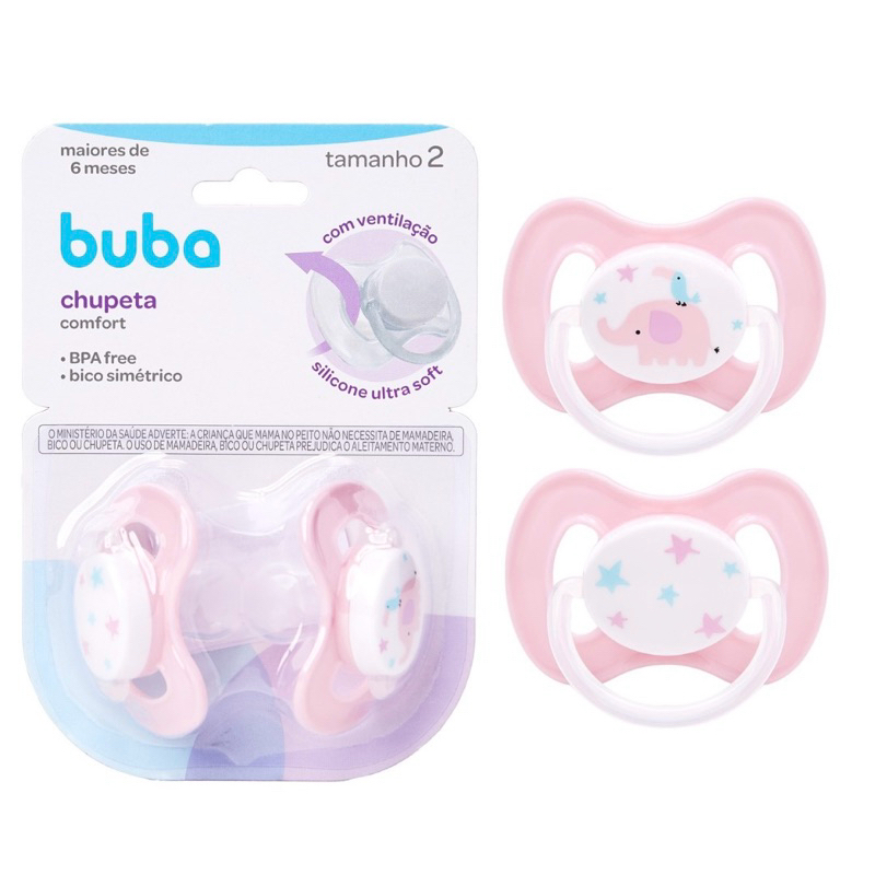 Kit Chupetas Elefantinho e Estrelinhas Tamanho 2 (+ 6 Meses) Rosa Bebê Comfort Ultra Soft - Buba
