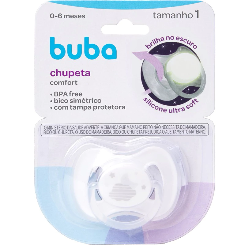 Chupeta Nuvem Branco com Cinza Clarinha Tamanho 1 (0 á 6 Meses) Comfort Ultra Soft , Brilha no Escuro - Buba