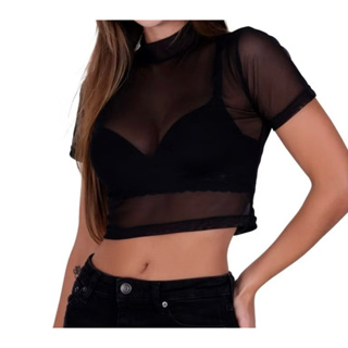 Blusa Tule Crooped Curto Moda Blogueira. em Oferta na Shopee
