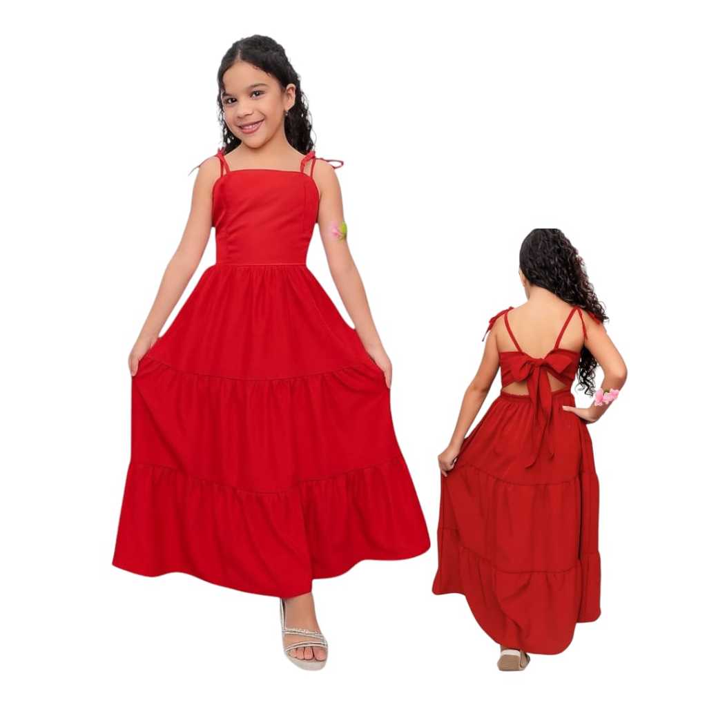Vestido longo liso alça amarração infantil e juvenil para crianças e adolescentes estilosas em Oferta na Shopee