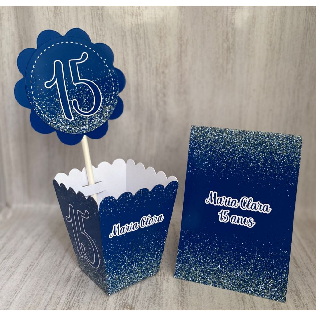 Kit Centro de mesa  Azul e Prata Personalizados 15 anos/ Silver Blue Personalizado|Enfeite Cachepô|Decoração Plaquinha
