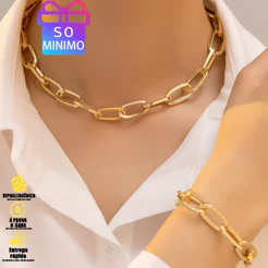 Conjunto Feminino Dourado: Colar e Pulseira com Corrente Retangular – Banhado a Ouro 18K