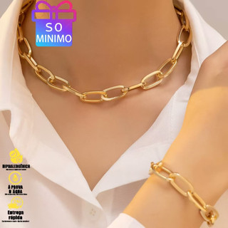 Conjunto Feminino Dourado: Colar e Pulseira com Corrente Retangular – Banhado a Ouro 18K