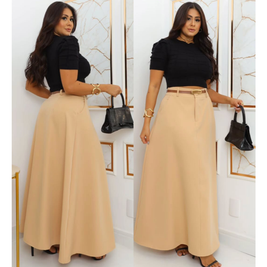 Saia Longa Feminina Moda Evangélica Casual Básica Cintura Alta Com Cinto Pronta Entrega
