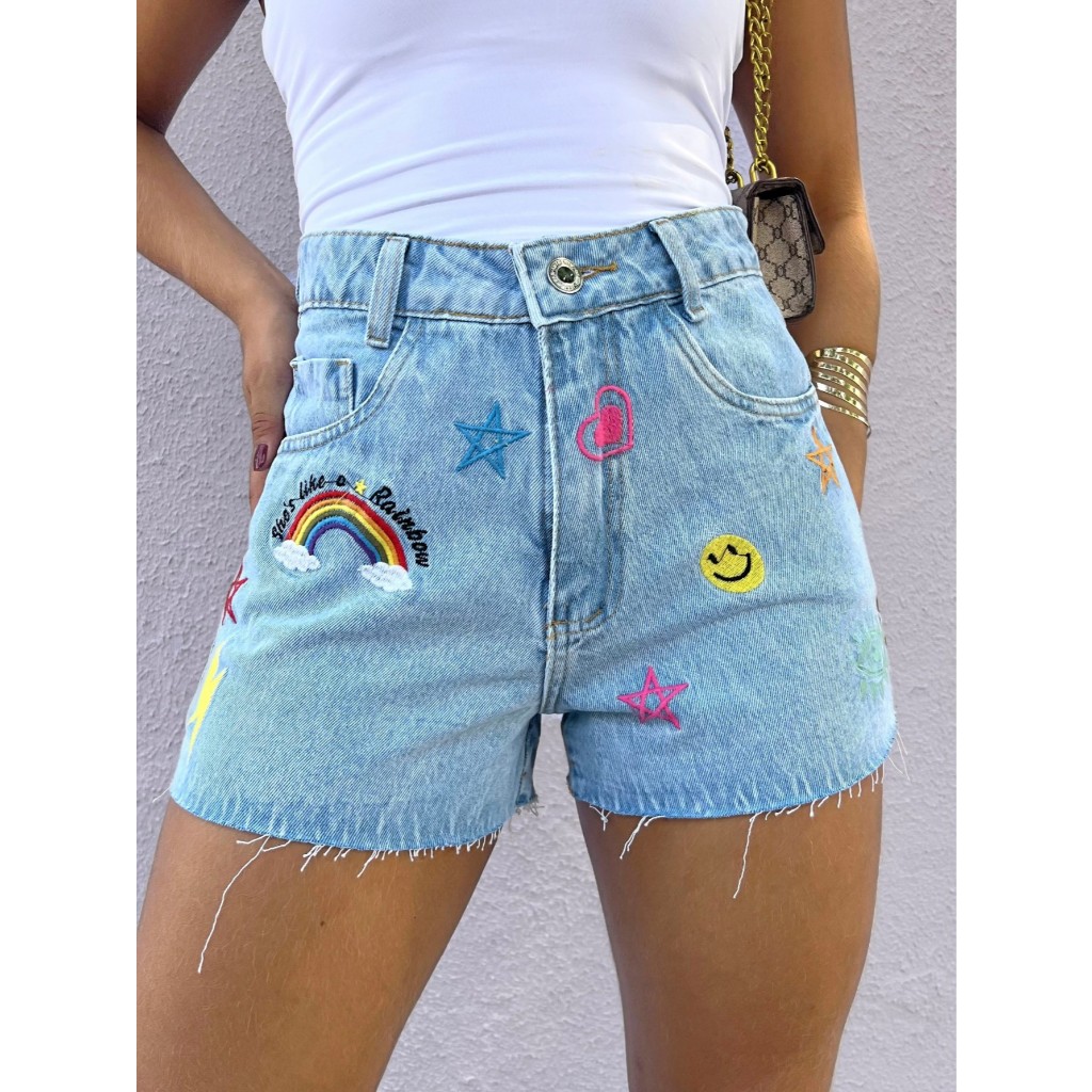 Short Jeans Cintura Alta Short Bordado Femininas Moda jeans sem lycra em Oferta na Shopee