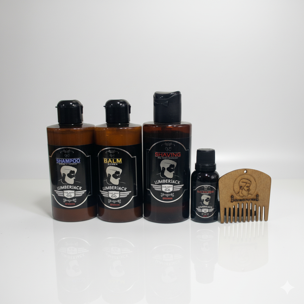 Kit Balm, Shampoo 3x1, Shaving e Óleo para barba Lumberjack e Pente de Madeira para barba - Alkmena M-07