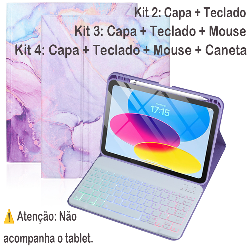 Capa Colorida Para iPad 11 A16 / 10ª/Samsung S10 FE/S10 Lite/Redmi Pad 2/pad Se11+ ABNT2 Teclado Retroiluminado  + Mouse