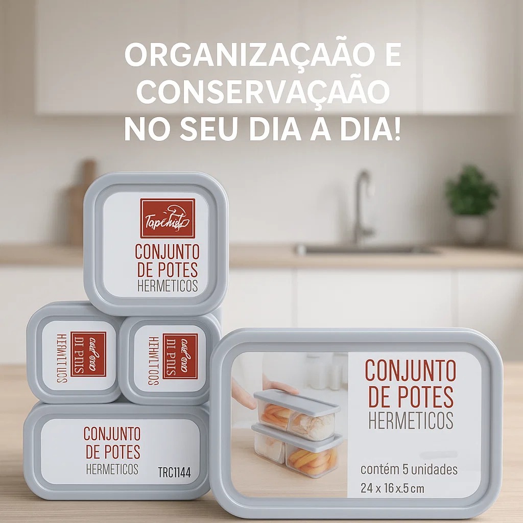 Conjunto Kit 5 Potes Herméticos de Plástico Tampa Transparente Organizador Cozinha Empilhável BPA Free Alimentos Multius