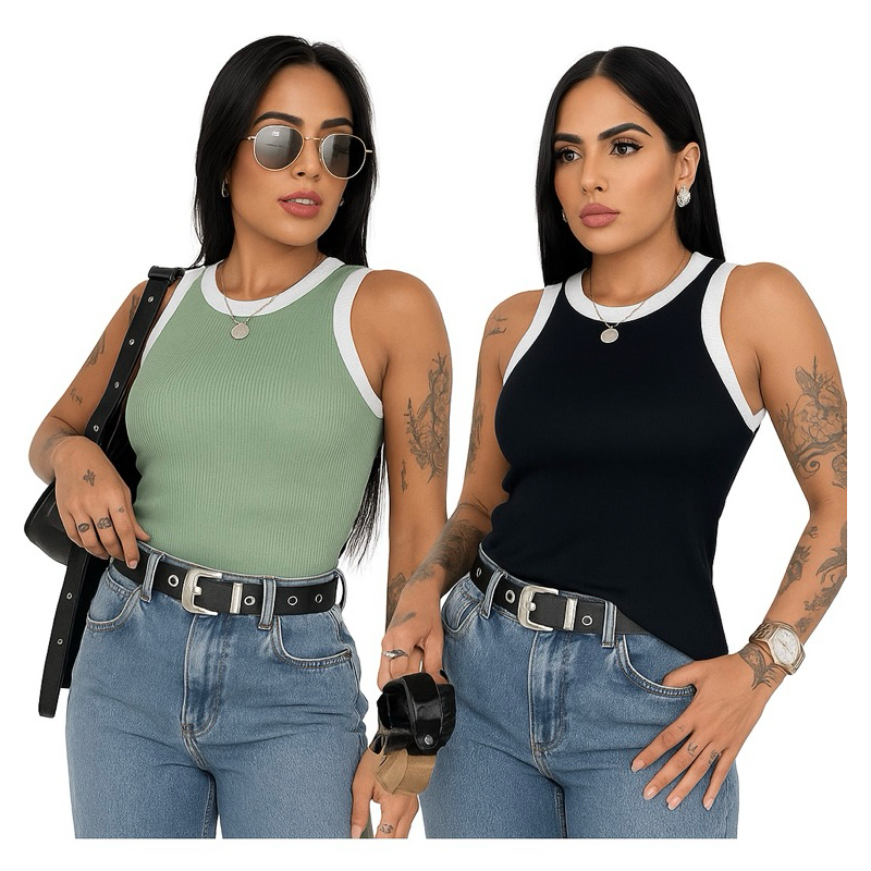 Kit 2 Regatas Femininas Caneladas Ribana Justa Básica Sem Manga Blusa Feminina Academia Casual BICOLOR