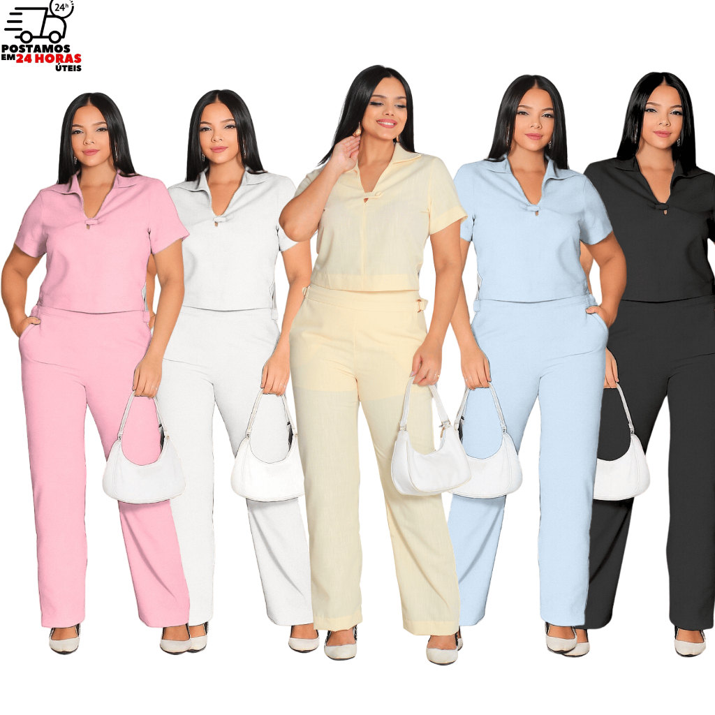 Conjunto Social Feminino em Linho – Calça Alfaiataria e Blusa Fina