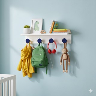 Cabideiro e Pendurador Infantil com prateleira 4 pinos cor azul marinho em Oferta na Shopee