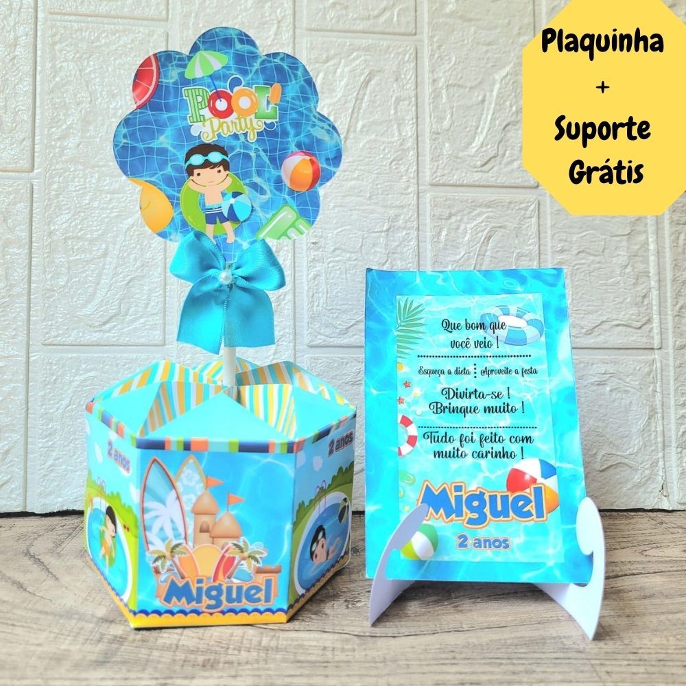 Centro de Mesa Pool Party Menino + Plaquinha Cachepô Personalizado Enfeite Arrajo de Festa Lembrancinha de Aniversário