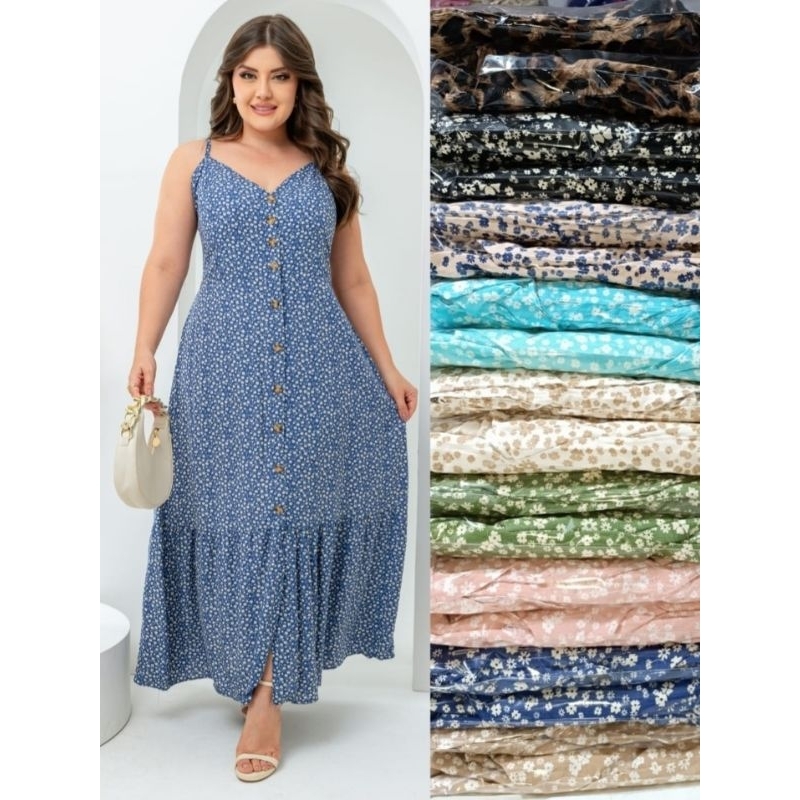 Vestido midi Plus Size Floral com Botões Frontais