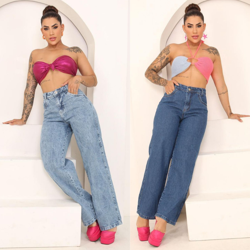 Calça Jeans Feminina Wide Leg Marmorizada Cintura Alta Sem Lycra