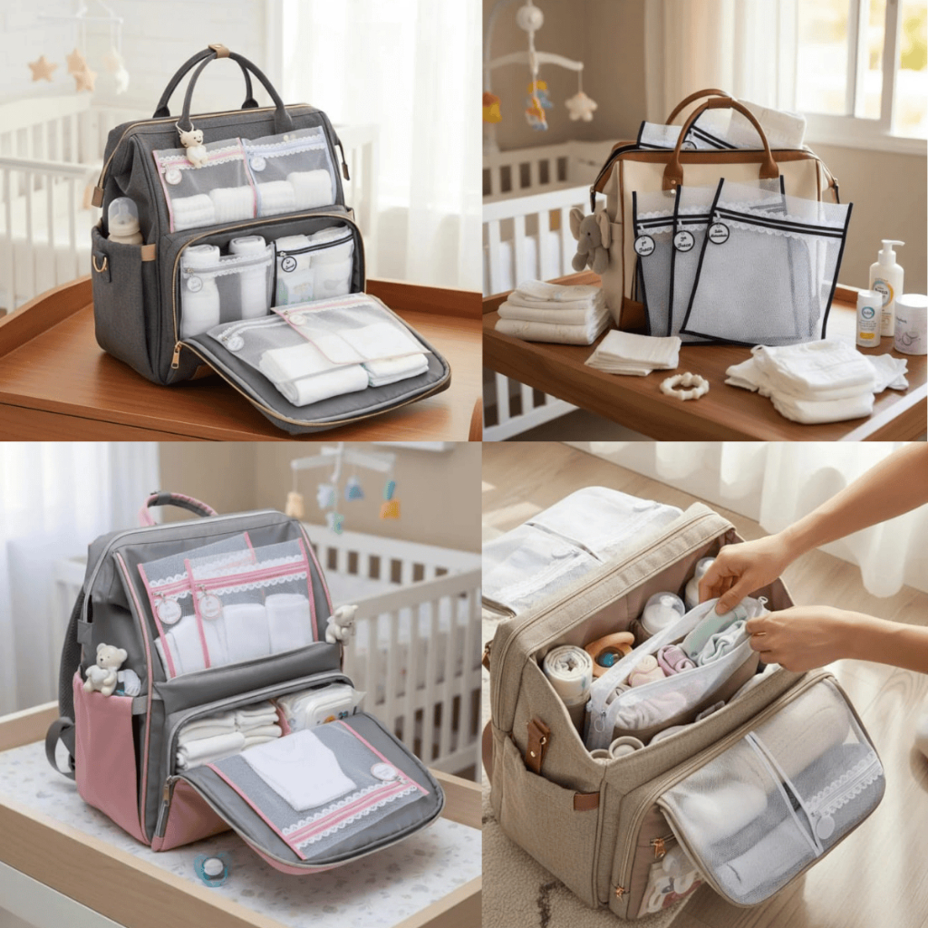 Kit c/ 5 Saquinhos Maternidade Organizadores para Bolsa Maternidade em TULE e Tags Bordadas. em Oferta na Shopee