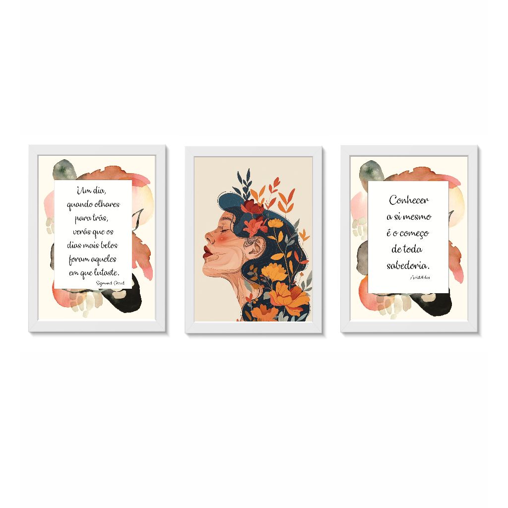 Kit 3 Quadros Decorativos Psicologia Psicanalise Tamanho 20x30cm Molduras Madeira Vidro Cor Brancas