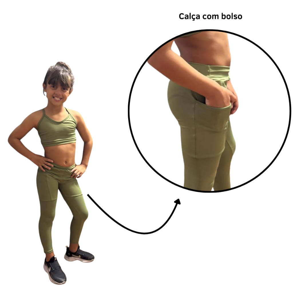 Conjunto Fitness Infantil Feminino Top E Calça com Bolso Poliamida Ginastica Cross Academia dança jazz