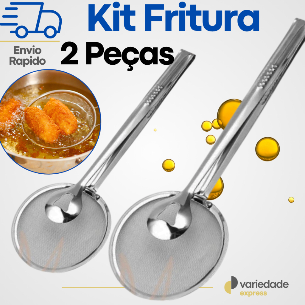 Kit 2 Pegadores de Fritura Inox 2 em 1 com Peneira e Pinça