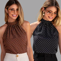 KIT 2 Blusas Femininas Regata Cava Americana Poá Bolinha Elegante Moda Verão Casual