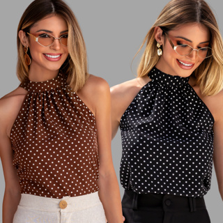 KIT 2 Blusas Femininas Regata Cava Americana Poá Bolinha Elegante Moda Verão Casual em Oferta na Shopee