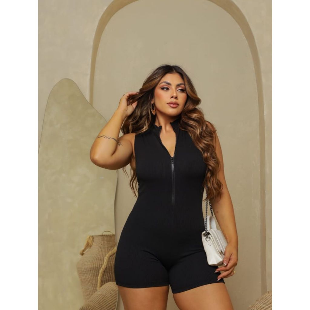 Macaquinho Feminino Moda Gringa Fitness Macacão Gringo Shorts Curto Manga Curta Ziper Moda Blogueira Academia Praia em Oferta na Shopee