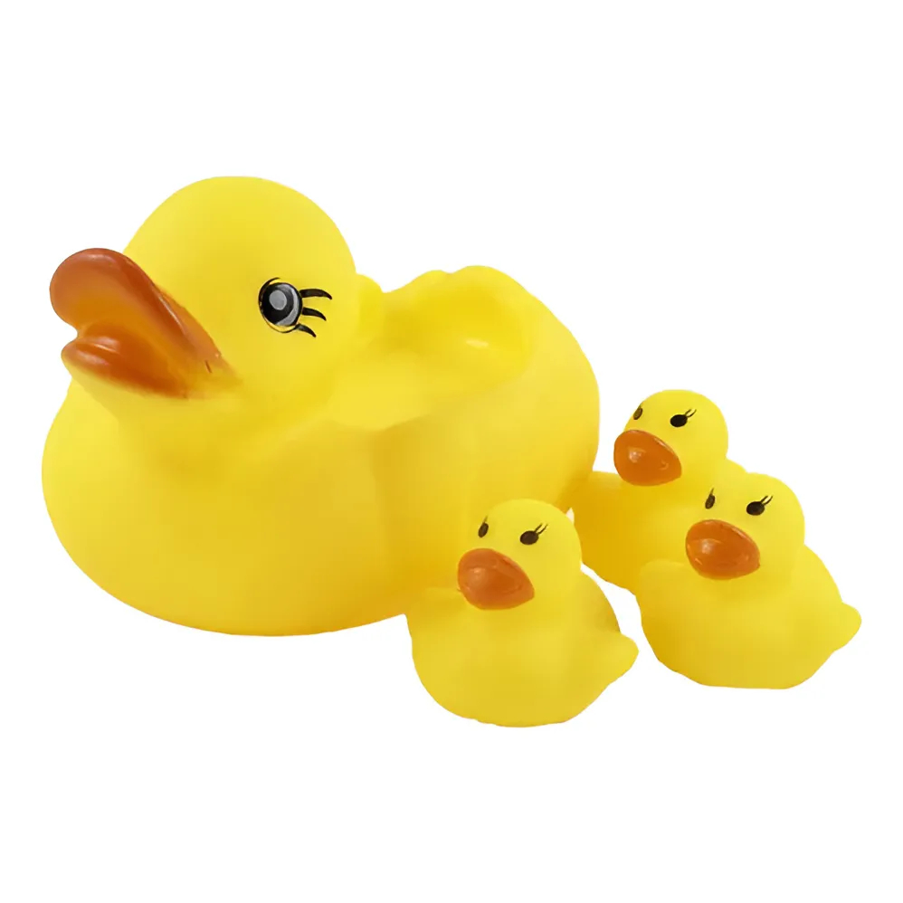 Kit 4 Pato De Borracha Patinhos E Mãe Banho Bebê Com Boia