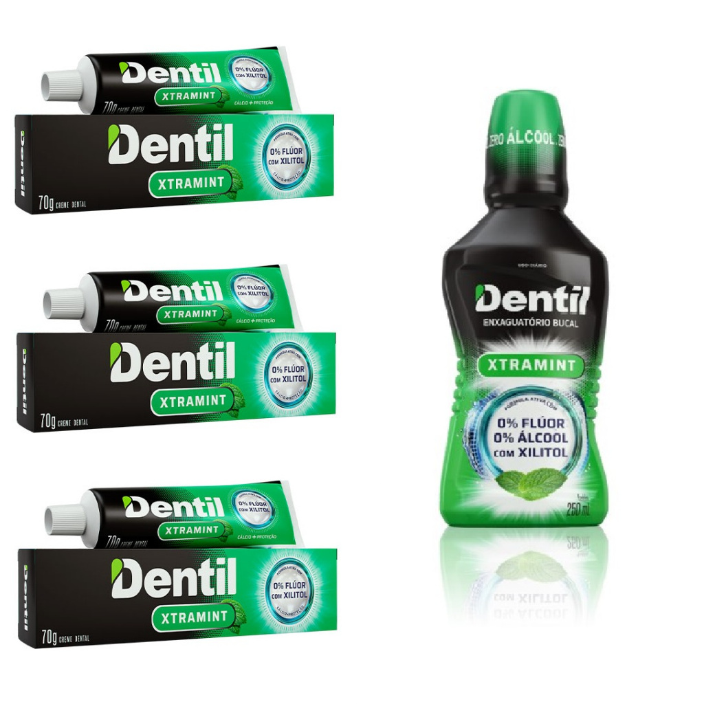 Kit 3 Creme Dental Dentil- Xtra Mint Sem Flúor 70g + Enxaguante Xtramint Zero Álcool Sem Flúor e com Xilitol 250ml