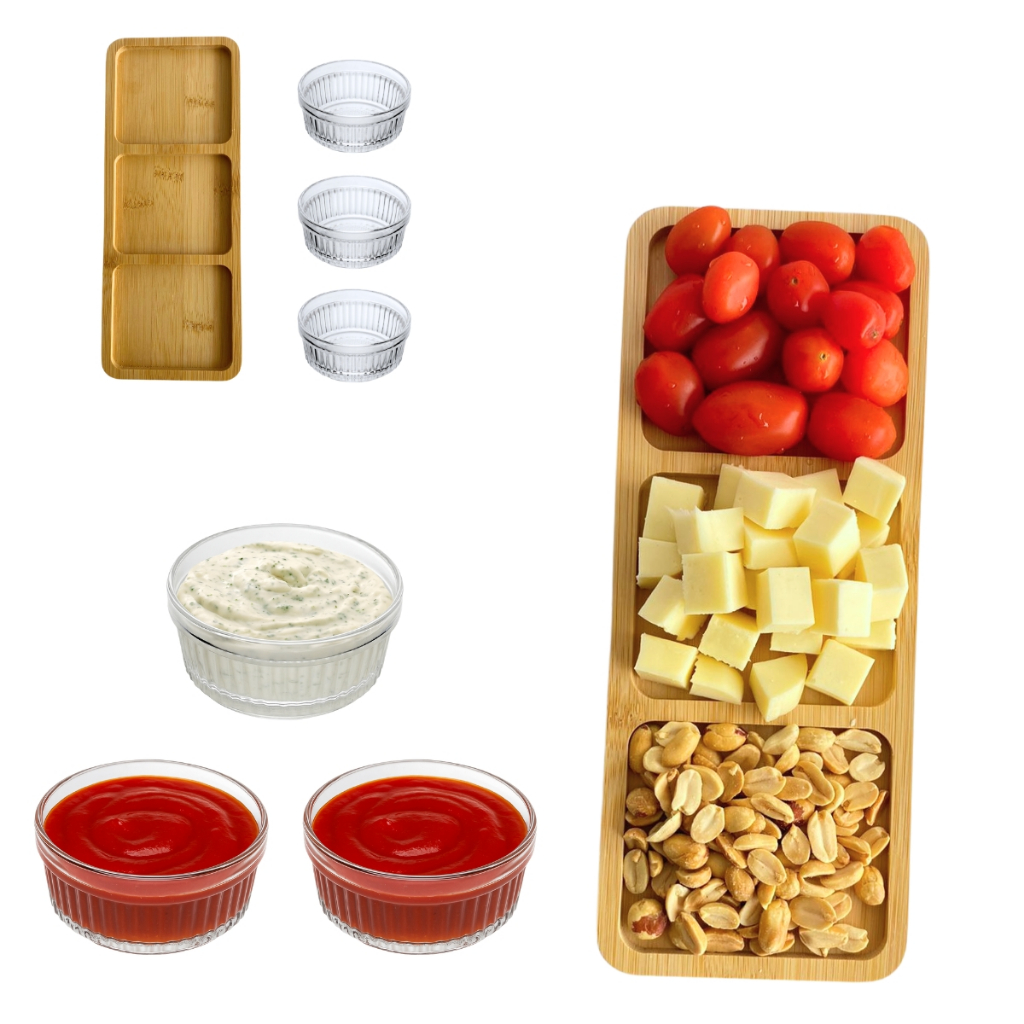 Kit Petisqueira de Bambu Tábua de Frios Mesa Posta Ramequim de Vidro Kit 4 Peças