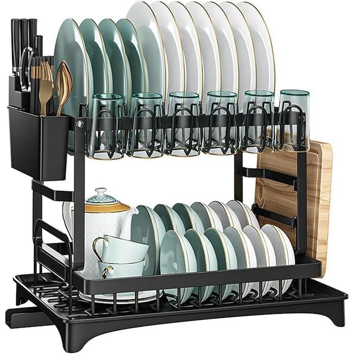 Escorredor de Louça em Aço Carbono, Organizador de Pratos e Talheres, Suporte para Copos, Modular, Preto