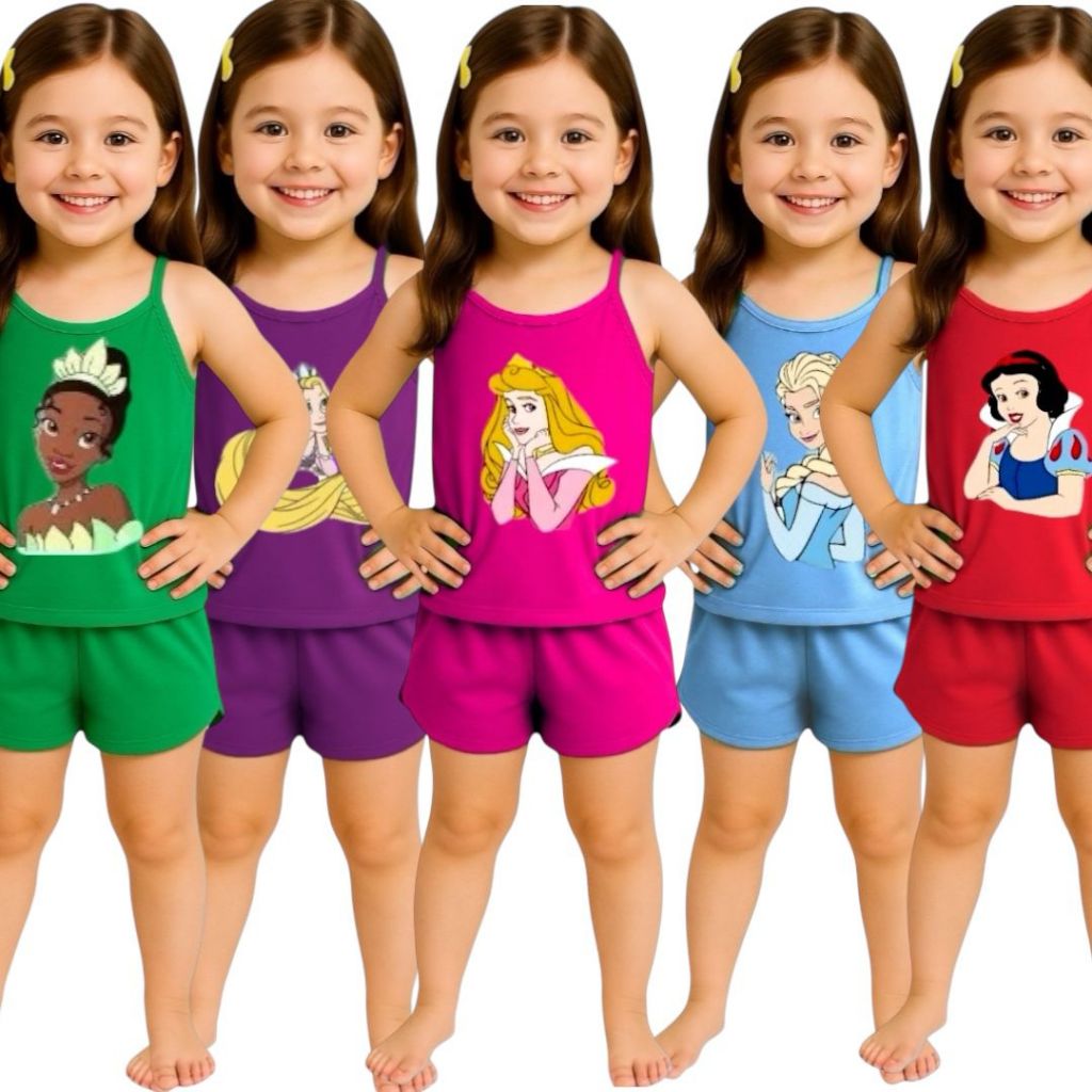 Pijama Infantil Feminino Curto Baby Doll Short Doll Alcinha Princesas Verão