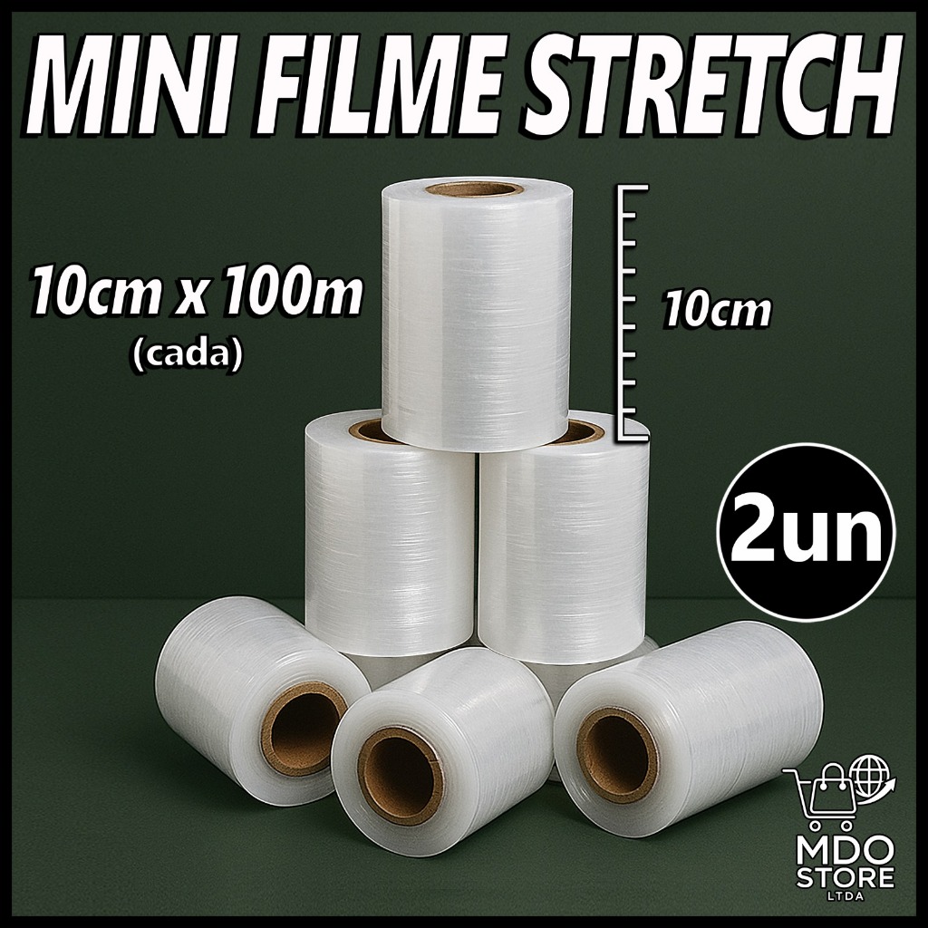 Filme Stretch Mini 2 Unidades 10cm x 100m - 300% Esticável Transparente Embalagem Proteção Atacado..