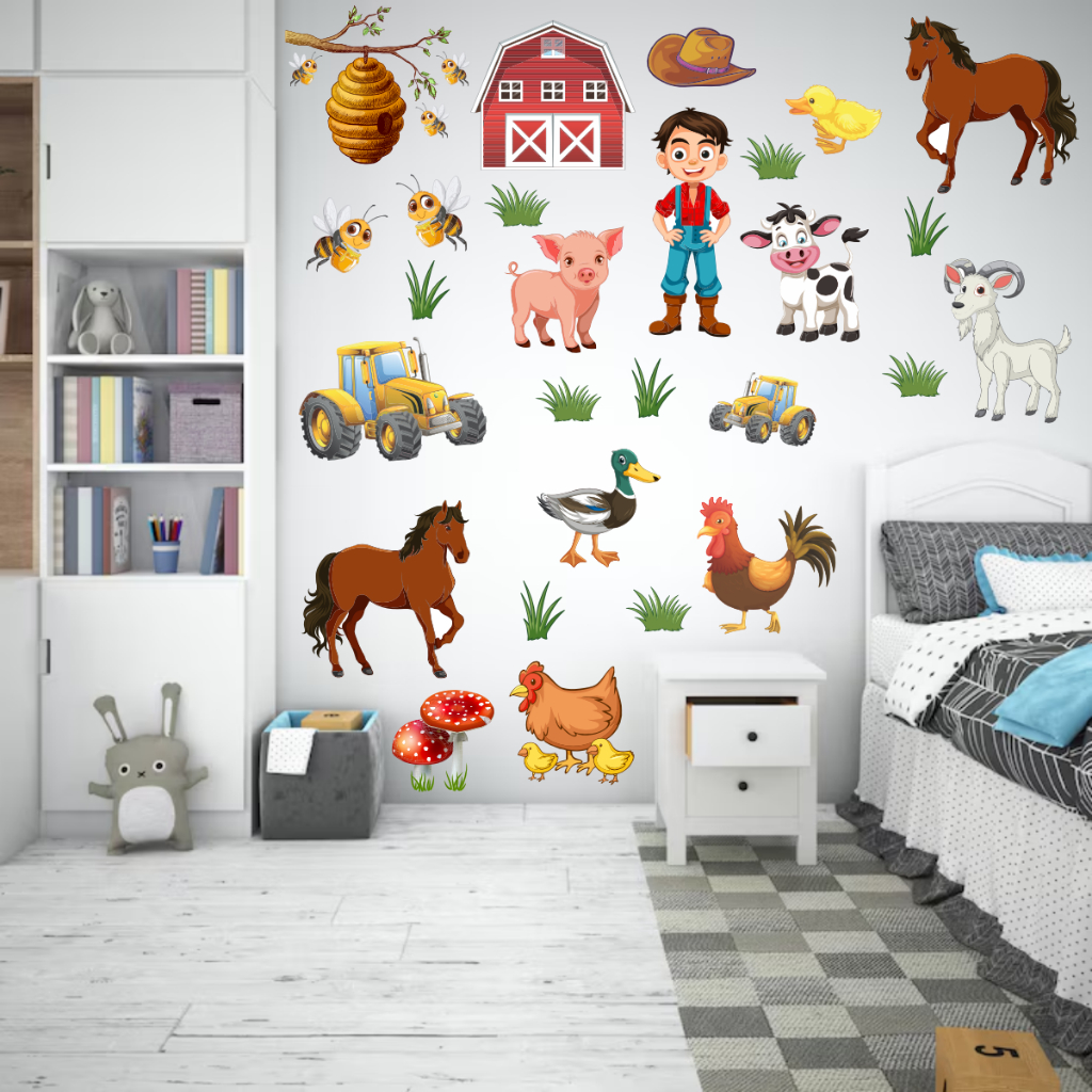 Adesivo De Parede Fazendinha Animais Vaquinha Abelha Galinha Decorativo  Quarto Criança Infantil em Oferta na Shopee
