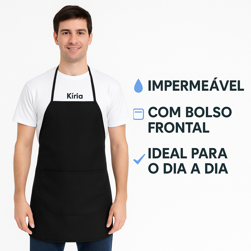 Avental Preto com Bolso para Cozinha Kiria Textil Lavanderia Liso All Black Impermeável