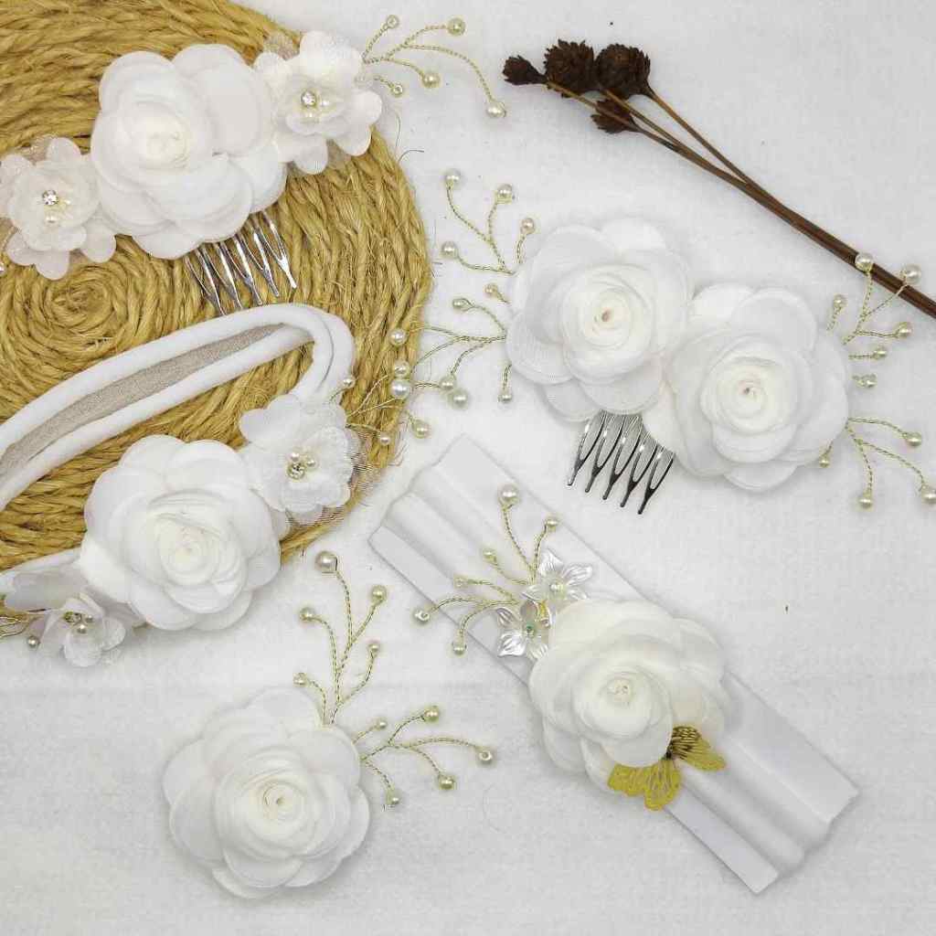 Arranjo flor branca na presilha para penteados de noiva / faixa de bebê batizado daminha debutante em Oferta na Shopee