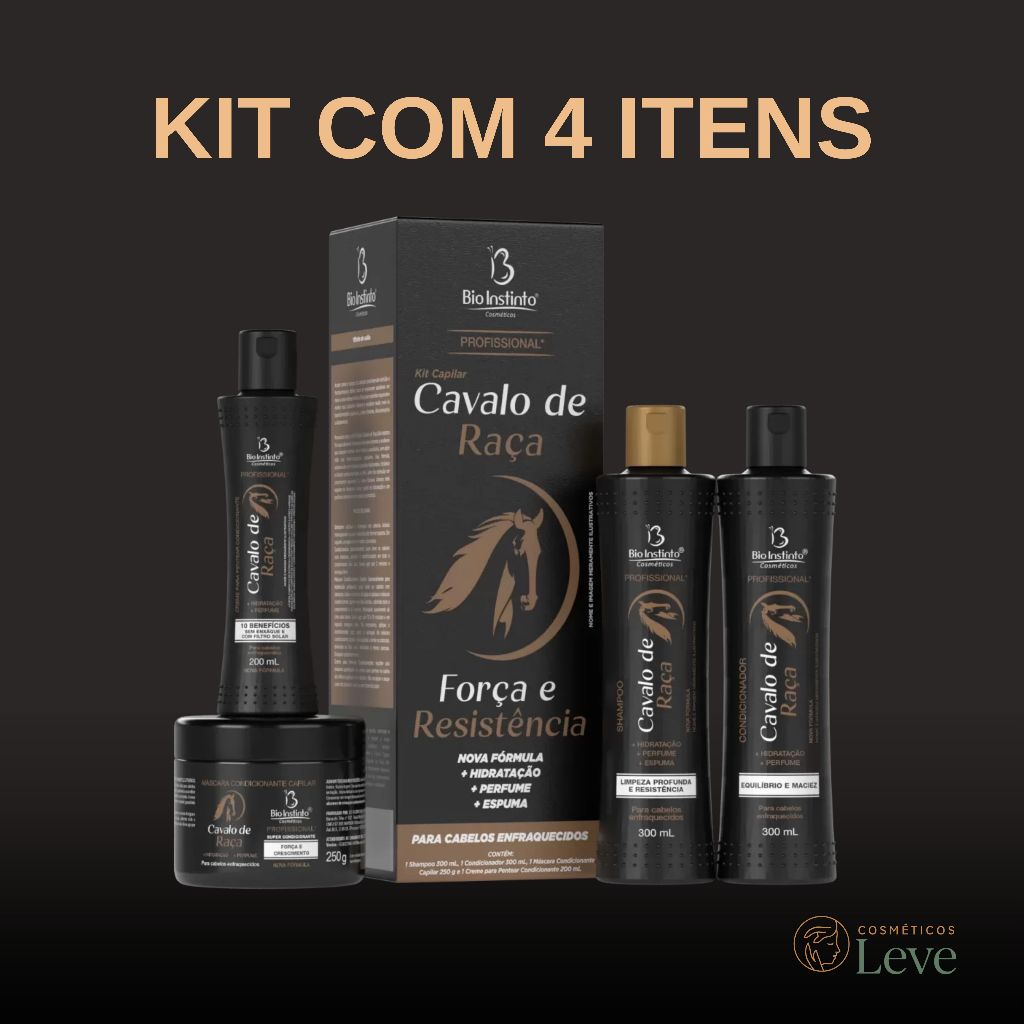 Kit Capilar Cavalo de Raça Shampoo, Condicionador, Máscara e Leave-In Anti Queda, Força, Crescimento