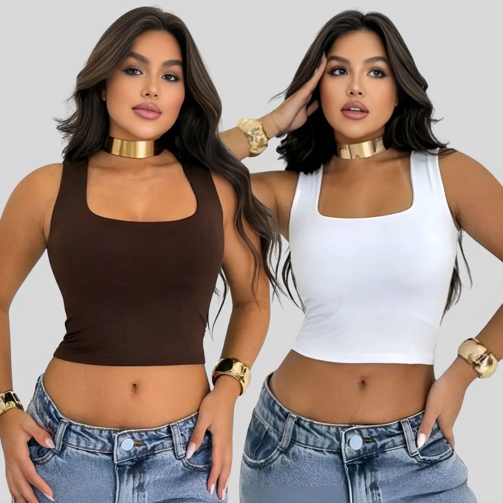 Kit 2 Croppeds Femininos Decote Quadrado – Alça Grossa, Suplex, Conforto e Tendência em Oferta na Shopee